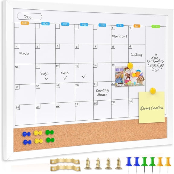 Monthly Whiteboard Calendar with Cork Board for Wall, 17"x13", Dry Erase Board with White Framed,2-1 Wall Planner Whiteboard,Bulletin Board with Pins for ,School,Office