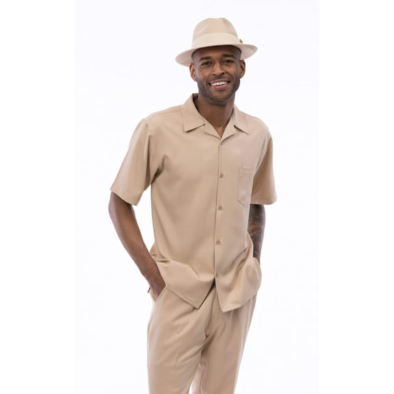 Montique Beige Walking Suit Solid Color Short Sleeve Shirt Men's Leisure Suit 696