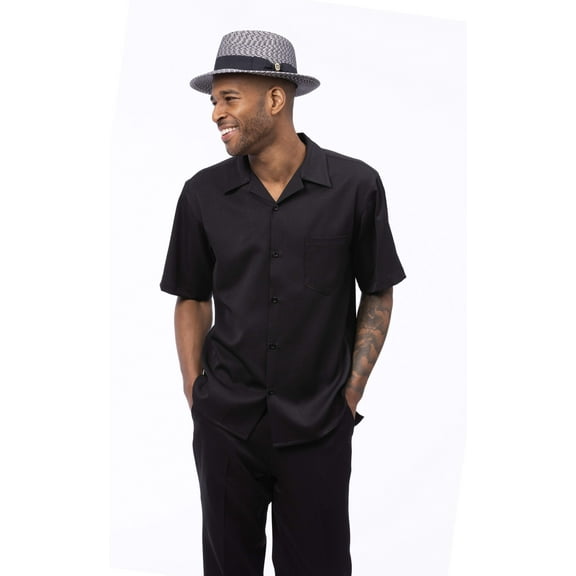 Montique Black Walking Suit Solid Color Short Sleeve Shirt Men's Leisure Suit 696