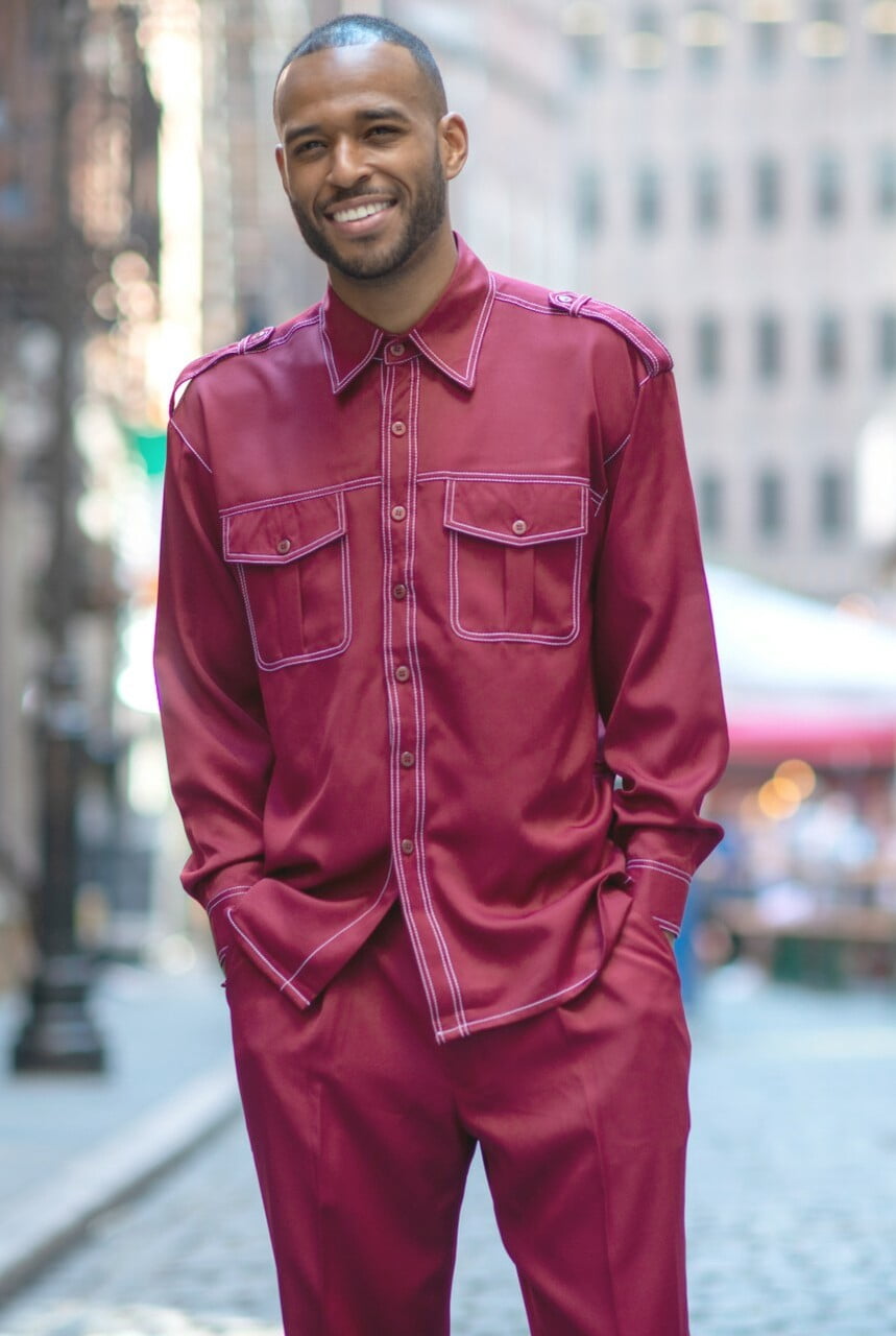 Montique Burgundy Color 2 Piece Men's Walking Suit Long Sleeve Shirt 1957