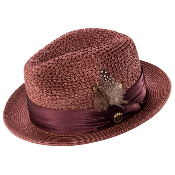 Montique Burgundy Solid Color Pinch Braided Fedora With Matching Satin Ribbon Hat H-34