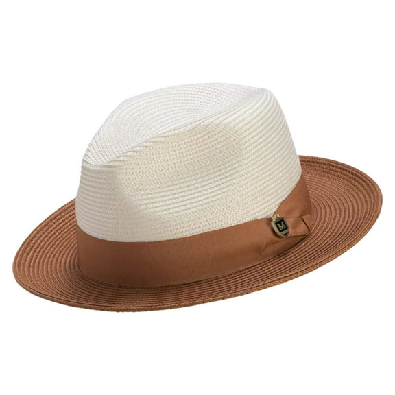 Montique Cognac Two-tone Pinch Hat Wide Brim Matching Grosgrain Ribbon Straw Fedora H-47