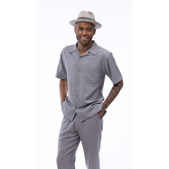 Montique Grey Walking Suit Solid Color Short Sleeve Shirt Men's Leisure Suit 696