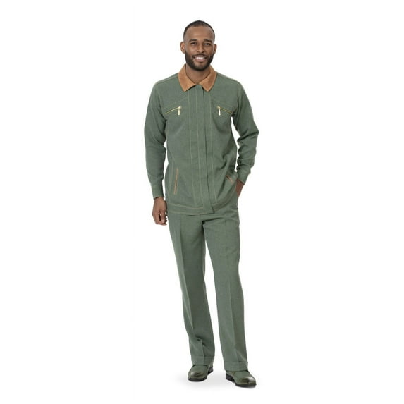 Montique Men's 2 Piece Long Sleeve Shirt Denim Jacket Pants Walking Suit in Solid Hunter- DJ-707