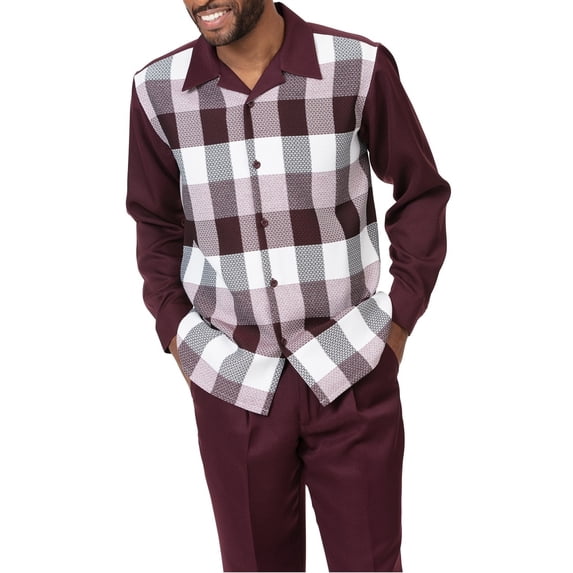 Montique Men's 2 Piece Long Sleeve Walking Suit Windowpane in Burgundy - 2026