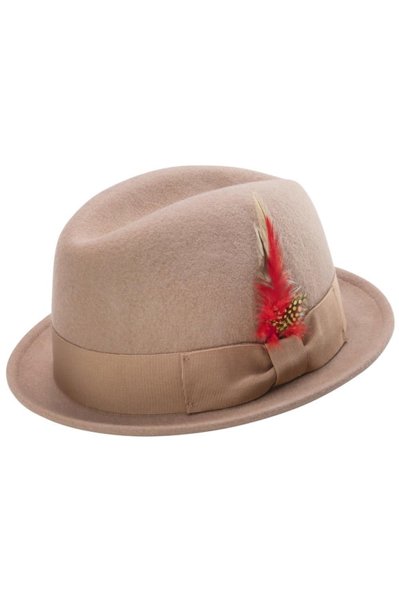 Montique Men's Camel Center Crease Stingy Snap Brim Hard Felt Fedora Hat H53