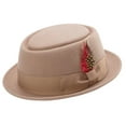 thumbnail image 1 of Montique Men's Camel Stingy Brim Teardrop Dent Pork Pie Wool Felt Hat with Feather H45, 1 of 4