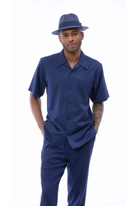 Montique Navy Walking Suit Solid Color Short Sleeve Shirt Men's Leisure Suit 696