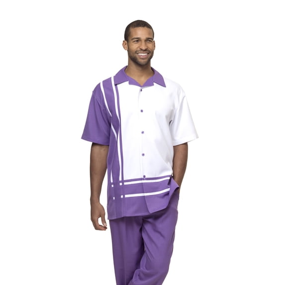 Montique Purple Walking Suit Color Block Short Sleeve Shirt Men's Leisure Suit 1877