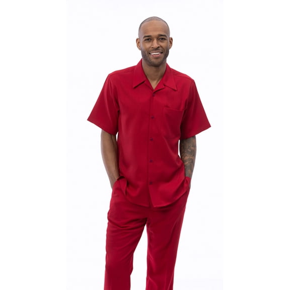 Montique Red Walking Suit Solid Color Short Sleeve Shirt Men's Leisure Suit 696