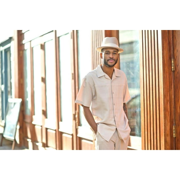 Montique Tan Walking Suit Embossed Short Sleeve Shirt Men's Leisure Suit 1842