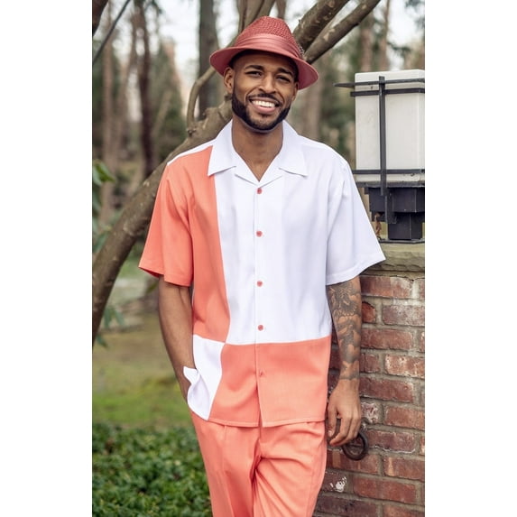 Montique Two Piece Coral Color Block Short Sleeve Walking Suit - 2007