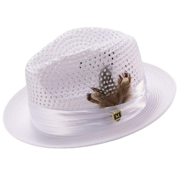 Montique White Solid Color Pinch Braided Fedora With Matching Satin Ribbon Hat H-34