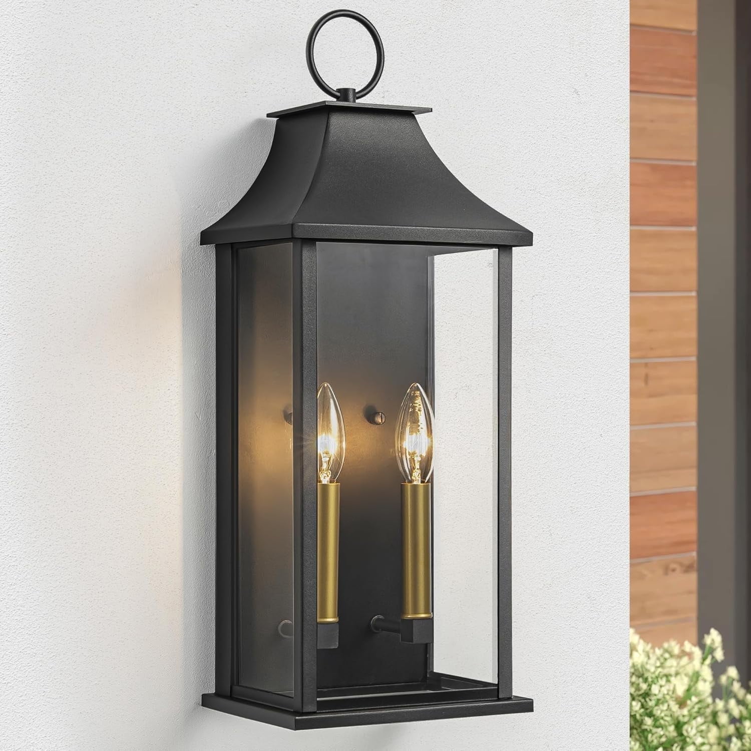 21" Black and Gold Dimmable Outdoor Lantern Wall Sconce