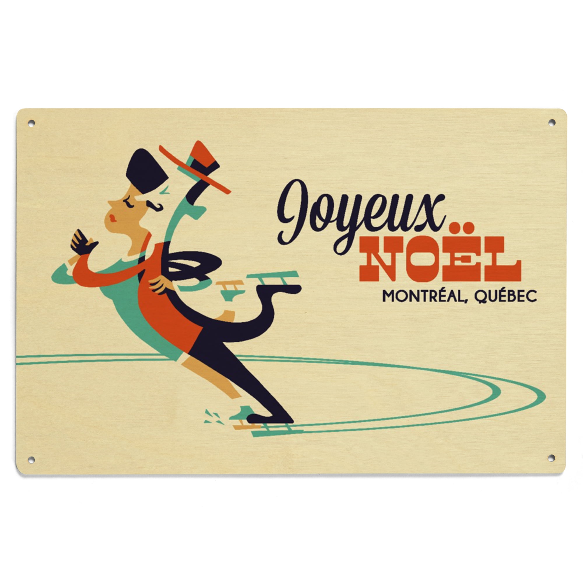 Montréal, Québec, Ice Skaters, Retro Christmas Birch Wood Wall Sign