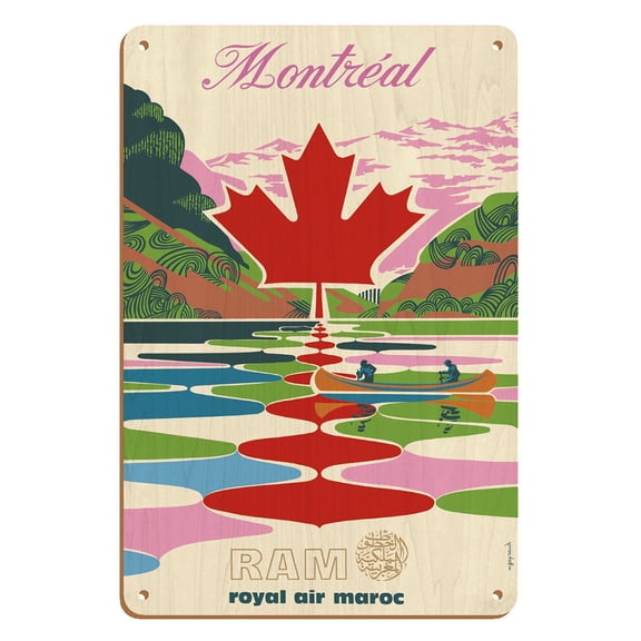 Montreal Canada - Royal Air Maroc - Vintage Airline Travel Poster by M. Gayraud c.1950s - 8 x 12 inch Vintage Wood Art Sign