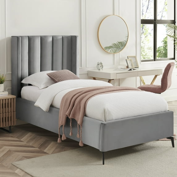 Montrell Upholstered Velvet Full Size Wingback Platform Bed, Light Grey