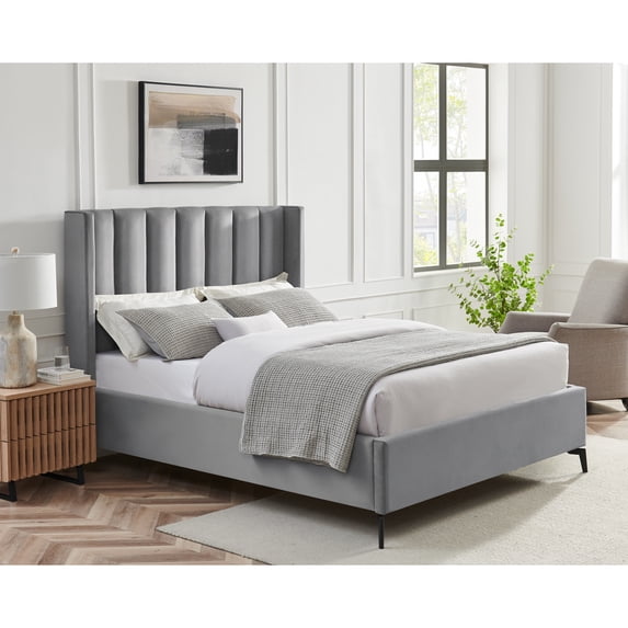 Montrell Upholstered Velvet Queen Size Wingback Platform Bed, Light Grey