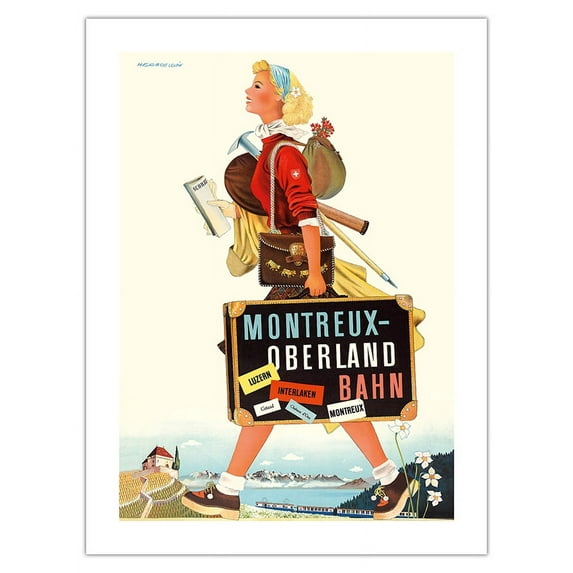 Montreux-Oberland Bahn - Switzerland - Bernese Oberland Railway - Vintage Railroad Travel Poster by Herbert Leupin c.1940s - Fine Art Matte Paper Print (Unframed) 18x24in