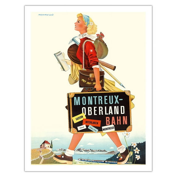Montreux-Oberland Bahn - Switzerland - Bernese Oberland Railway - Vintage Railroad Travel Poster by Herbert Leupin c.1940s - Fine Art Matte Paper Print (Unframed) 20x26in