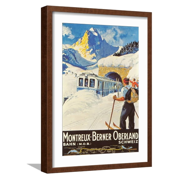 Art.com Montreux Ski Poster Art Print, Brown Frame Wall Art, 17" x 23"