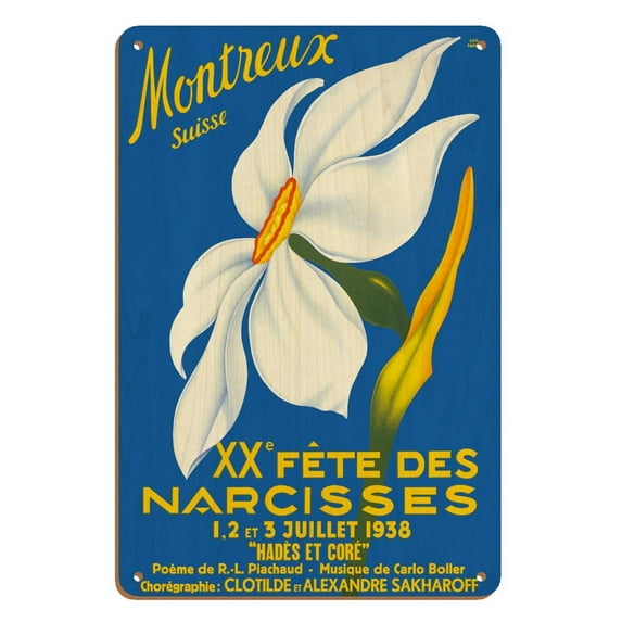 Montreux Suisse (Montreux Switzerland) - 1938 XX Fête des Narcisses (20th Narcissus Festival) - Vintage Travel Poster by Geo Pahud c.1938 - 8 x 12 inch Vintage Wood Art Sign