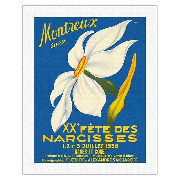 Montreux Suisse (Montreux Switzerland) - 1938 XX Fête des Narcisses (20th Narcissus Festival) - Vintage Travel Poster by Geo Pahud c.1938 - Fine Art Rolled Canvas Print 20in x 26in