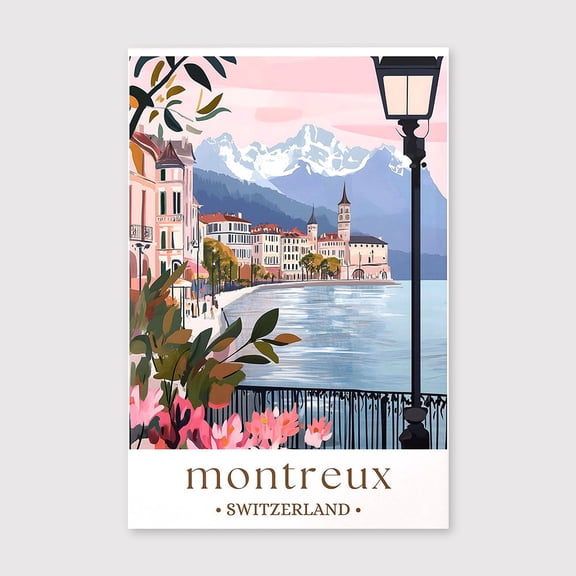 Montreux Switzerland Travel Canvas, Lake Geneva Wall Art, Alpine Lakeside Print, European Scenic Decor