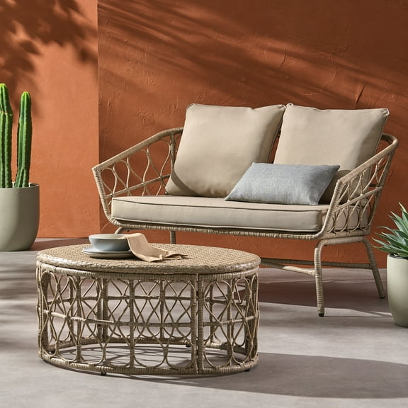 Montserrat Wicker Outdoor Loveseat and Coffee Table Set, Light Brown and Beige