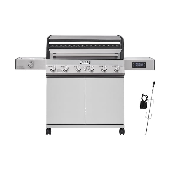 Monument D605 Stainless Steel 6-Burner Liquid Propane Gas Grill, 1 Side Burner, Includes Rotisserie Kit