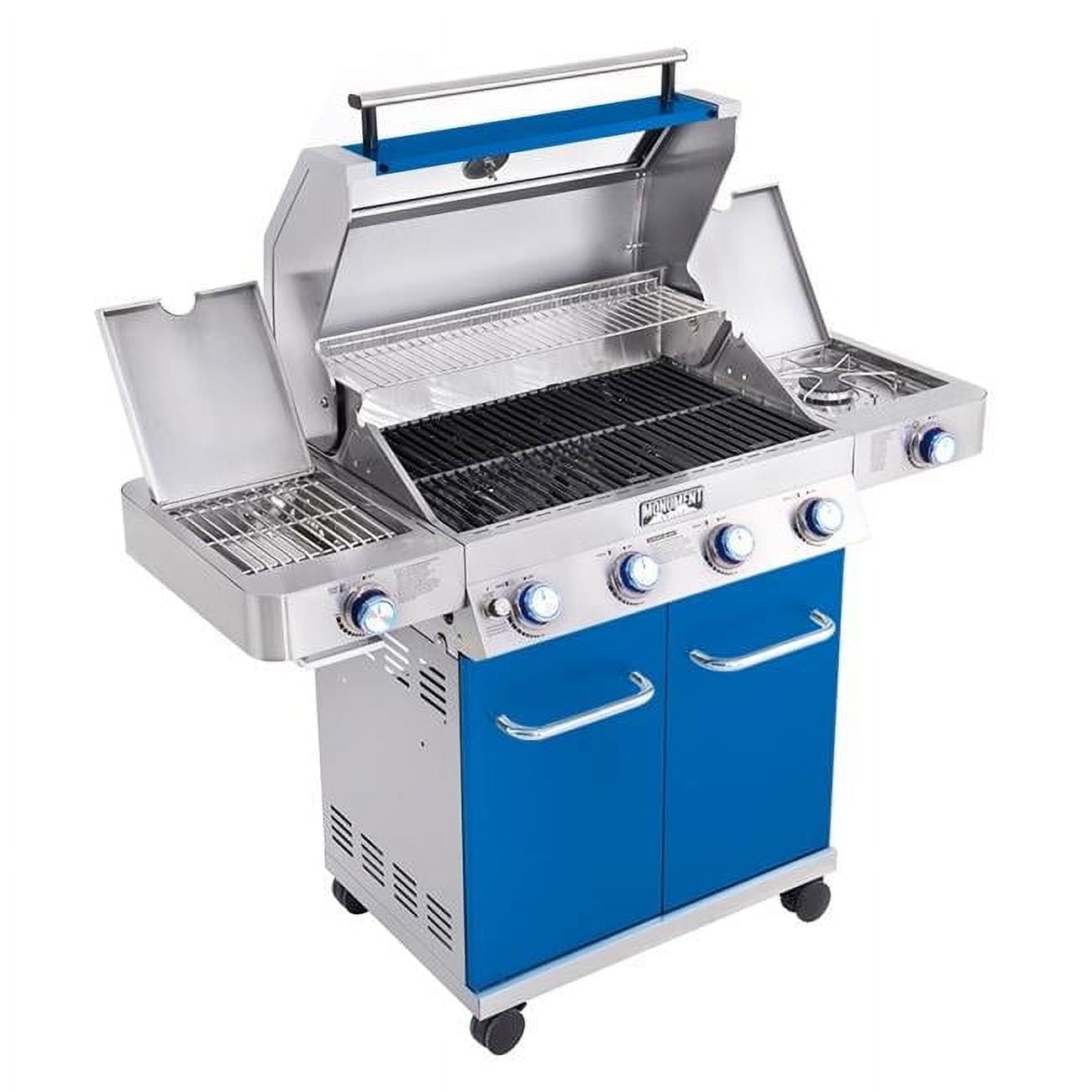 Monument Blue Stainless Steel 4-Burner Propane Gas Grill with Infrared Side Burner