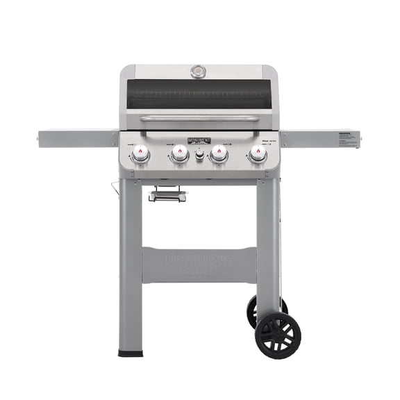 Monument Grills 4-Burner Liquid Propane Gas Grill, 48,000 BTU Stainless Steel Outdoor Barbecue Grill, Clearview Lid, Foldable Side Shelf, Easy Cleanup, M400MF