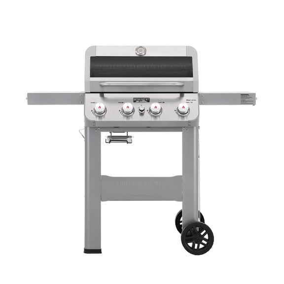 Monument Grills 4-Burner Liquid Propane Gas Grill, 48,000 BTU Stainless Steel Outdoor Barbecue Grill, Clearview Lid, Foldable Side Shelf, Easy Cleanup, M400MF