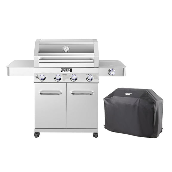 Monument Grills 4-Burner Natural Gas Grill in Stainless with Clear View Lid, LED Controls, Grill Cover, and Side Burner