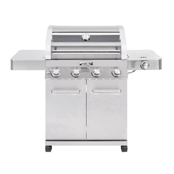 Monument Grills 4-Burner Propane Gas Grill with Stainless Steel Finish, Clear View Lid, LED Controls, Side Burner