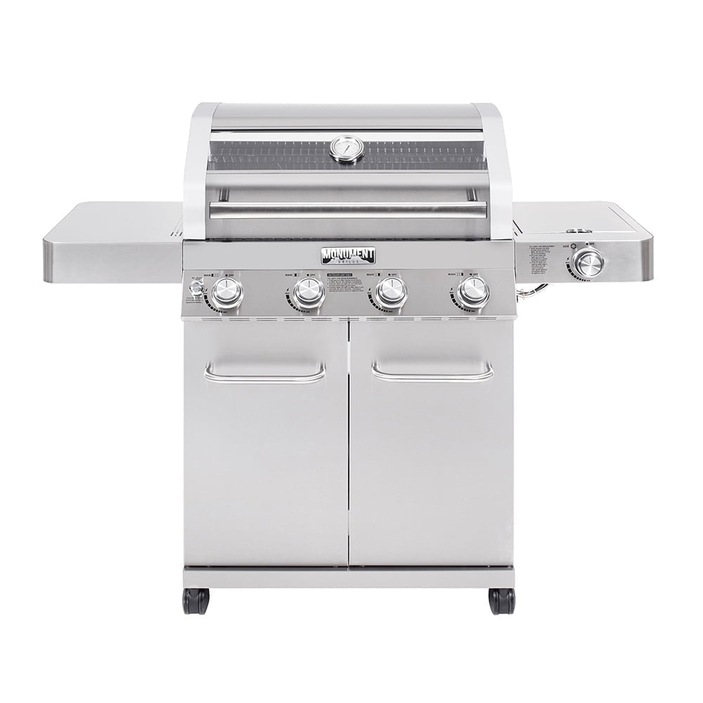 Monument Grills 4-Burner Natural Gas Grill in Stainless with Clear View Lid, LED Controls and Side Burner