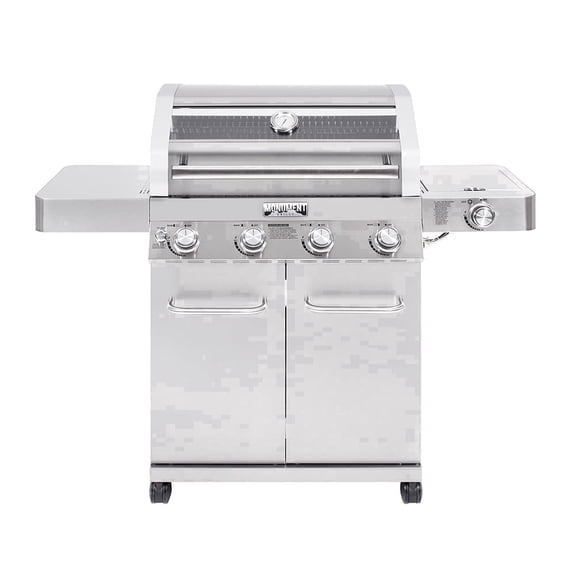 Monument Grills 4-Burner Stainless Steel Propane Gas Cabinet Grill with Clear View Lid, LED Controls, Side Burner