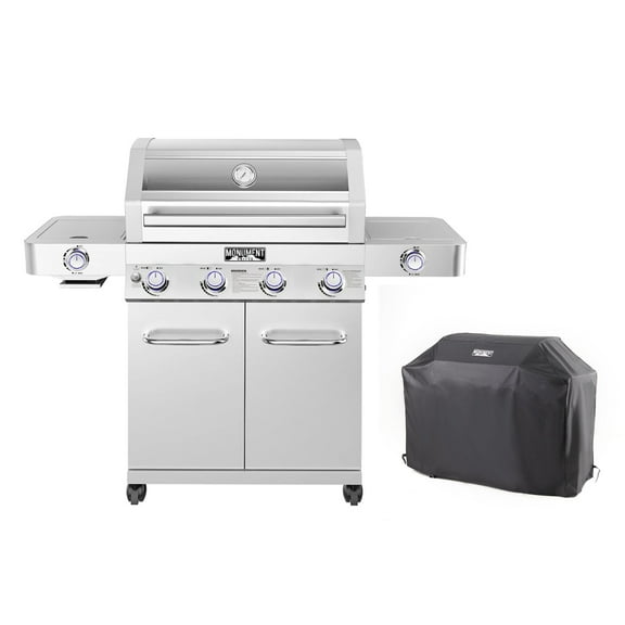 Monument Grills 4-Burner Propane Gas Grill in Stainless with Clear View Lid, LED Controls, Grill Cover, Side and Sear Burners