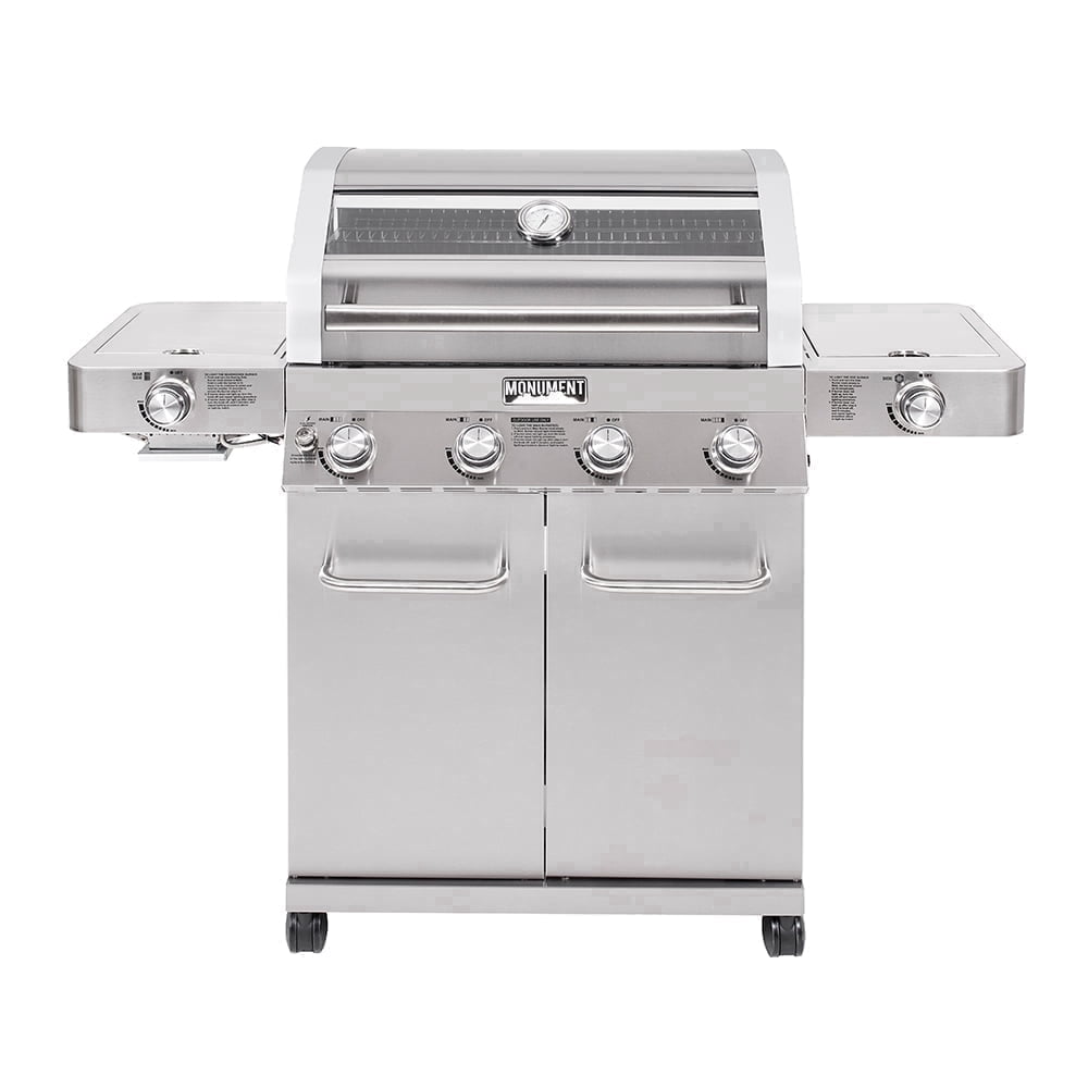 Monument Grills 4-Burner Propane Gas Grill with Clear View Lid, LED Controls, Side Burners, and Sear Zone