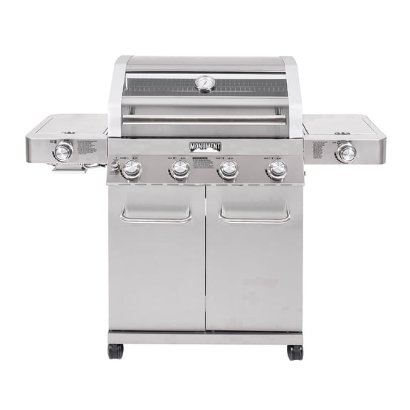 Monument Grills 4-Burner Propane Gas Grill with Clear View Lid, LED Controls, Side Burners, and Sear Zone