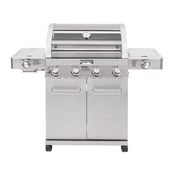 Monument Grills 4-Burner Propane Gas Grill with Clear View Lid, LED Controls, Side Burners, and Sear Zone