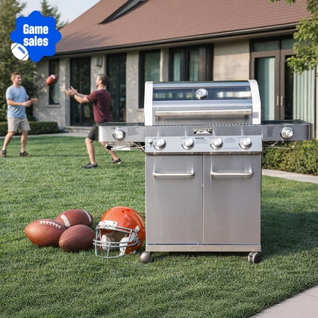 Monument Grills 4-Burner Propane Gas Grill with Clear View Lid, LED Controls, Side Burners, and Sear Zone