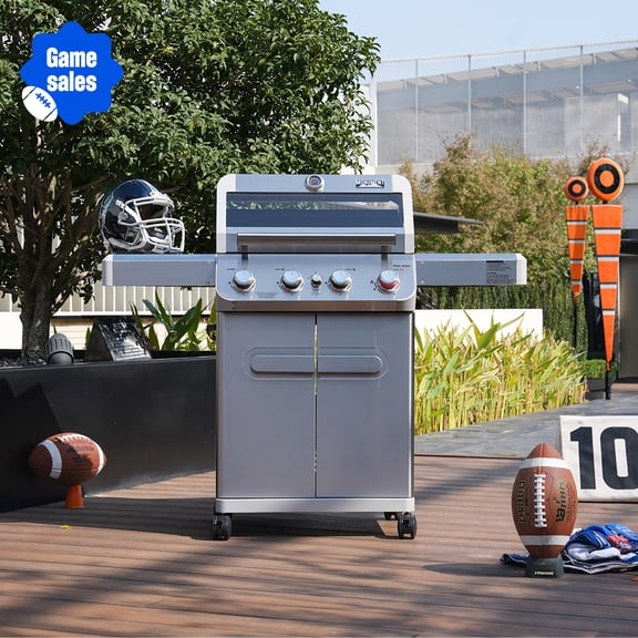 Monument Grills 4 Burner Stainless Propane Gas Grill with 39,000 BTU, Viewing Window, Two Foldable Shelves ,Gas Tank Hook & Bottle , Easy Clean-up, M410MBZ