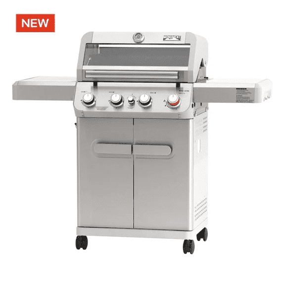 Monument Grills 4 Burner Stainless Propane Gas Grill with Viewing Window, Two Foldable Shelves ,Gas Tank Hook & Bottle , Easy Clean-up, M410MBZ