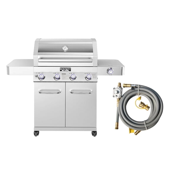 Monument Grills 4-Burner Natural Gas Grill in Stainless with Clear View Lid, LED Controls, Conversion Kit, and Side Burner