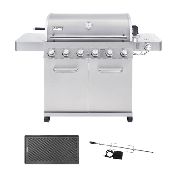 Monument Grills 6+1 Burner Propane Gas Grill, 84,000 BTU Stainless Steel BBQ Grill, LED Controls, Free Rotisserie Kit & Griddle Plate, Easy Cleanup, 77352