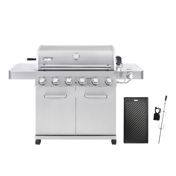 Monument Grills 6+1 Burner Propane Gas Grill, 84,000 BTU Stainless Steel BBQ Grill, LED Controls, Free Rotisserie Kit & Griddle Plate, Easy Cleanup, 77352