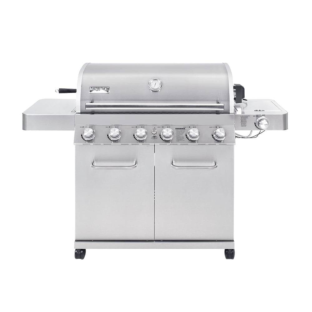 Monument Grills 77352 6-Burner Propane Gas Stainless Grill with Knob Controls, Side Burner, Built-In Thermometer, and Rotisserie Kit
