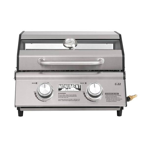 Monument Grills Portable 2-Burner Tabletop Propane Gas Grill with Locking Clearview Lid, Stainless Steel