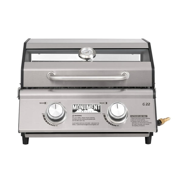 Monument Grills Portable 2-Burner Tabletop Propane Gas Grill with Locking Clearview Lid, Stainless Steel